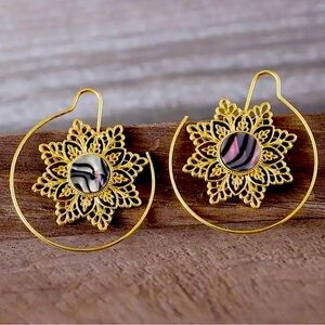 Gold tone, Faux Abalone Hollow Out Flower Pendant Swirl, Boho, Hippie Earrings